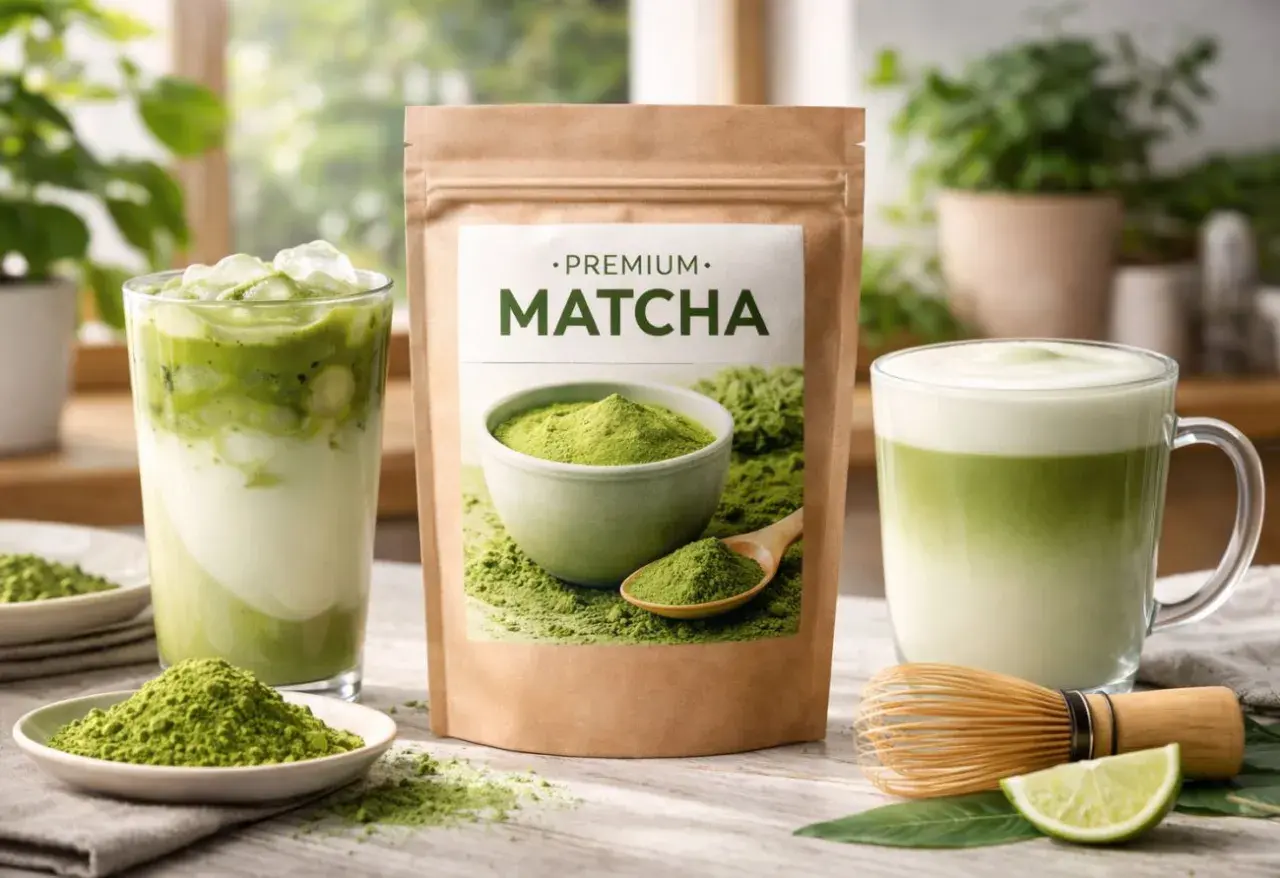 Paczka premium matcha, obok dwa napoje: mrożony i gorący. Idealna do stworzenia najlepsza matcha ranking.