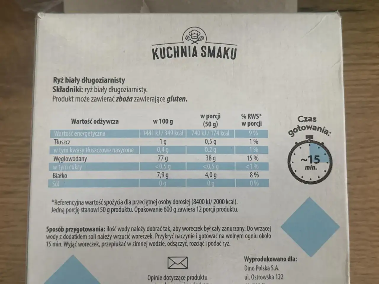 Ryż biały długoziarnisty - poznaj jego wartości odżywcze. Tabela zawiera informacje o kaloriach, tłuszczach, węglowodanach i białku w 100g i porcji.