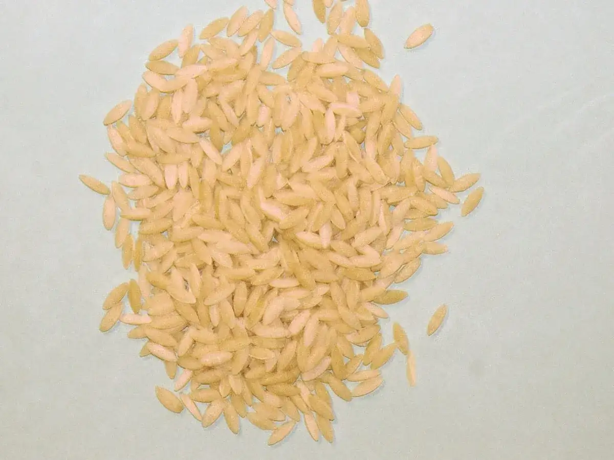 Kupa jasnego makaronu ryżowego orzo na jasnoszarym tle.