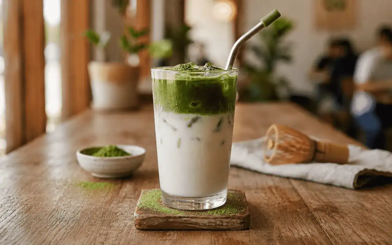 Przepis na iced matcha latte: zielony napój z mlekiem i lodem, obok miseczka z matchą i bambusowa miotełka.