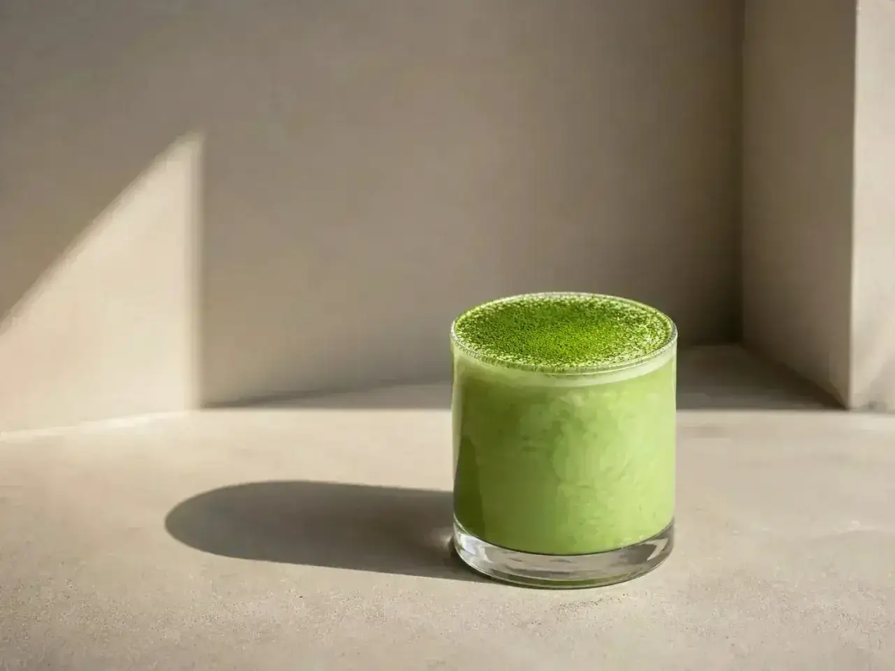 Zielony, kremowy matcha latte w szklance, posypany pudrem matcha. Idealny przepis na orzeźwiający napój.