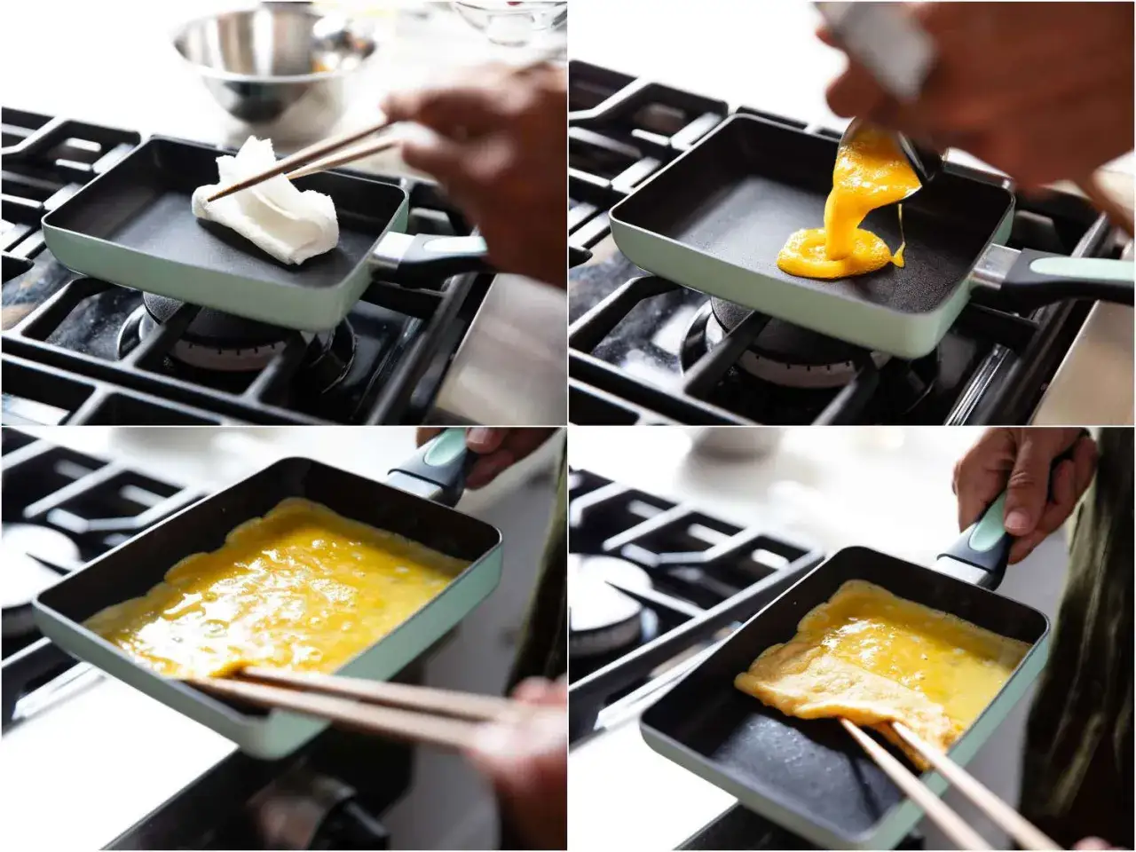 Przygotowanie omletu tamago: smarowanie patelni, wylewanie jajek, smażenie i zwijanie. Przepis na pyszny omlet.