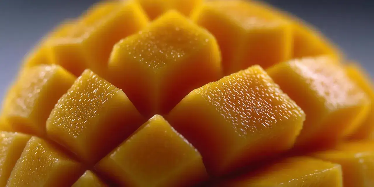 Soczyste, dojrzale mango pokrojone w kostkę, błyszczące od kropelek wody. Idealne na letnią przekąskę.