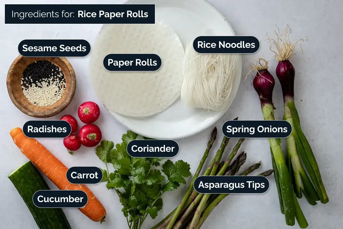 Składniki do spring rollsów: papier ryżowy, makaron ryżowy, sezam, rzodkiewki, marchew, ogórek, kolendra, cebulka dymka, szparagi.