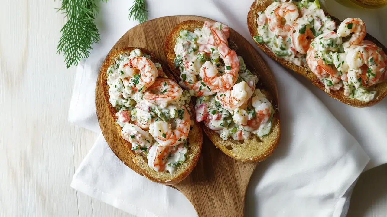 Pyszna pasta z krewetek na chrupiących grzankach, udekorowana świeżą natką pietruszki. Idealna na szybką przekąskę.