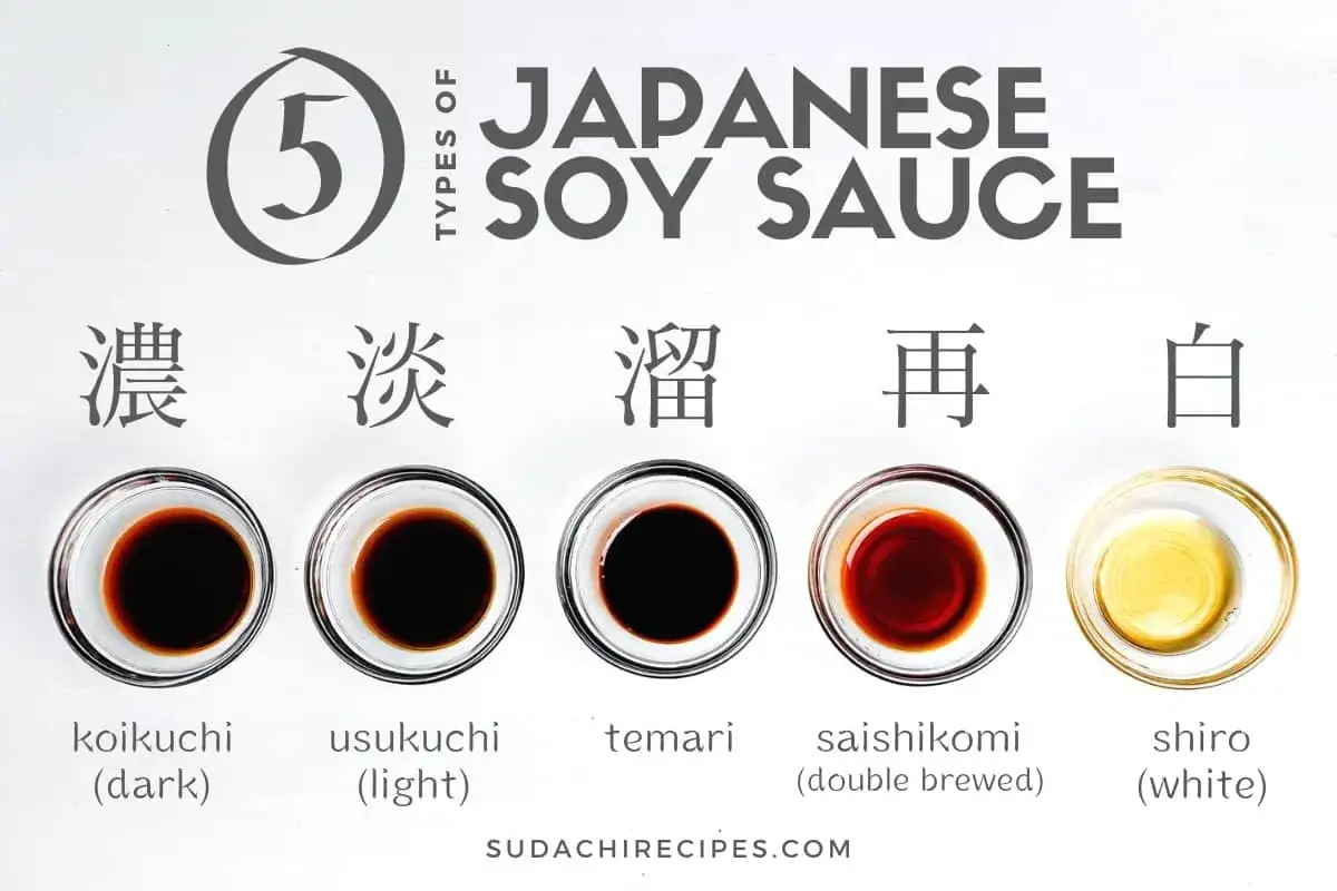 Pięć rodzajów japońskiego sosu shoyu: koikuchi (ciemny), usukuchi (jasny), temari, saishikomi (podwójnie fermentowany) i shiro (biały).
