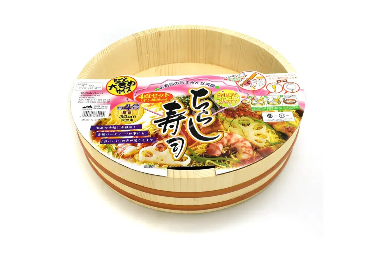 drewniana miska hangiri, drewniana łopatka shamoji do sushi