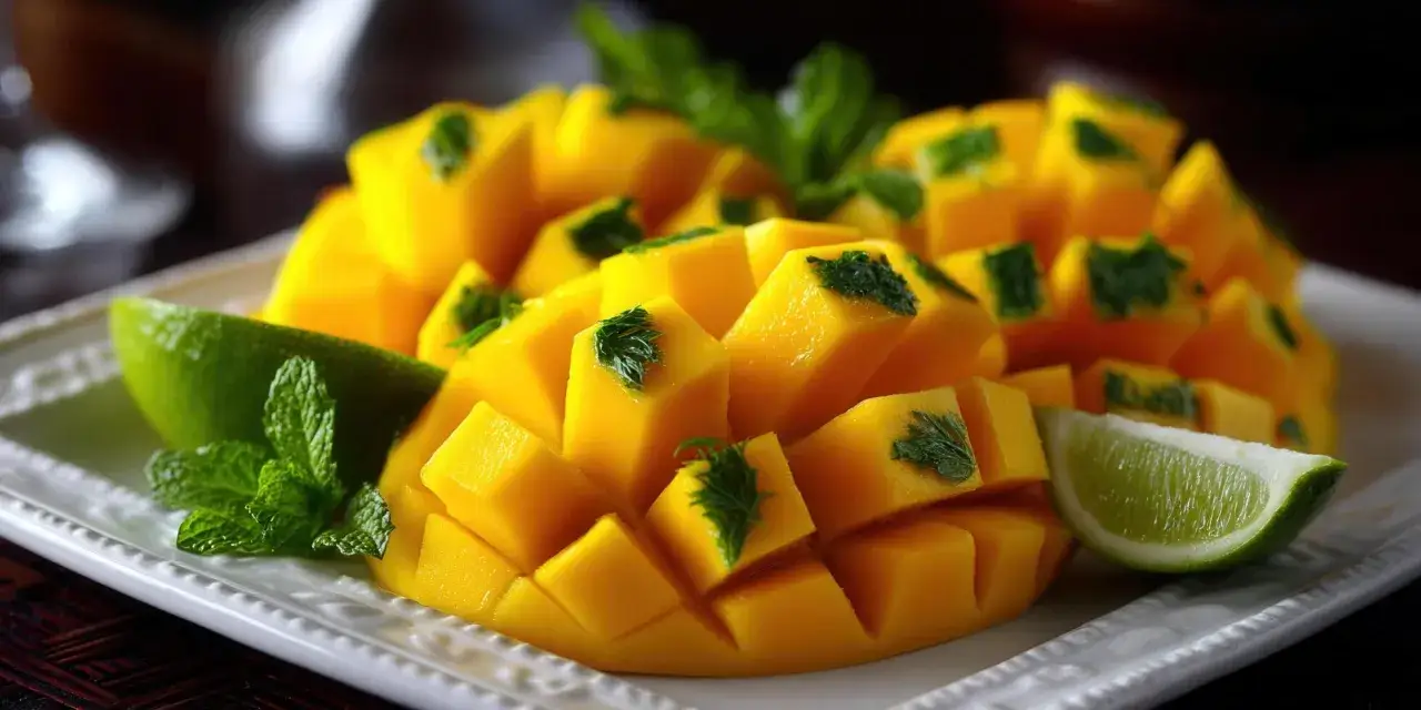 Soczyste, pokrojone w kostkę mango, ozdobione listkami mięty i kawałkami limonki. To idealny przykład, co zawiera mango – słodycz i orzeźwienie.