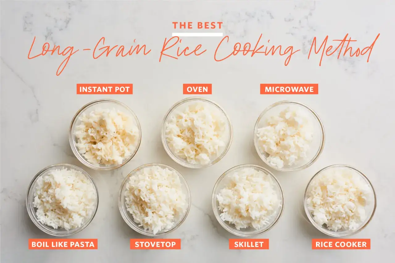 Różne rodzaje ryżu ugotowane na siedem sposobów: Instant Pot, Oven, Microwave, Boil Like Pasta, Stovetop, Skillet, Rice Cooker.