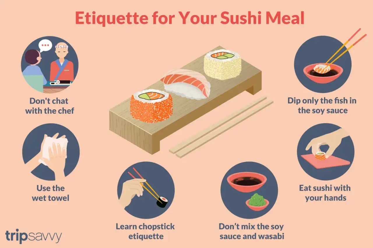 Jak jeść sushi: zasady savoir-vivre. Nie rozmawiaj z kucharzem, używaj ręcznika, jedz rękami, dipuj tylko rybę w sosie.