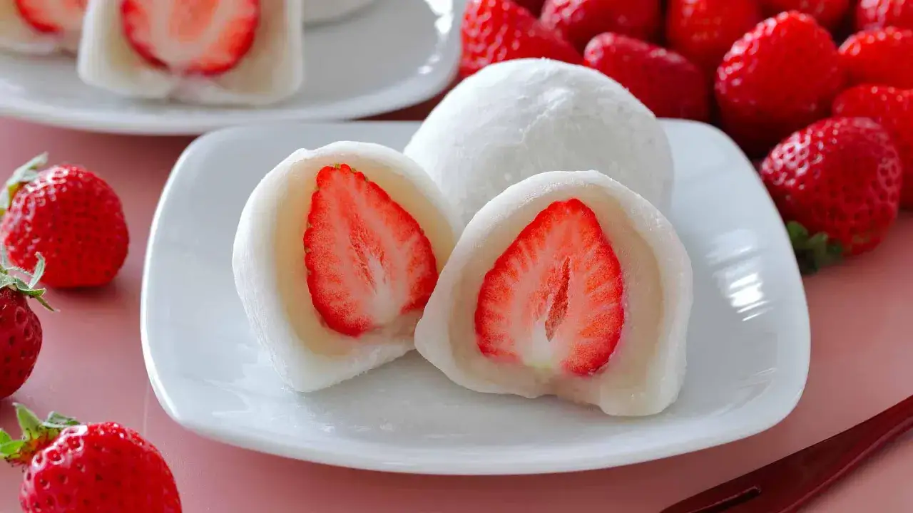 Pyszne mochi co to? Delikatne ciastka ryżowe z soczystą truskawką w środku, otoczone świeżymi owocami.
