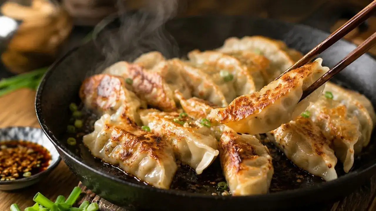 Gorące, rumiane gyoza z kurczakiem parują na patelni. Jedna jest podnoszona pałeczkami, gotowa do zanurzenia w sosie.