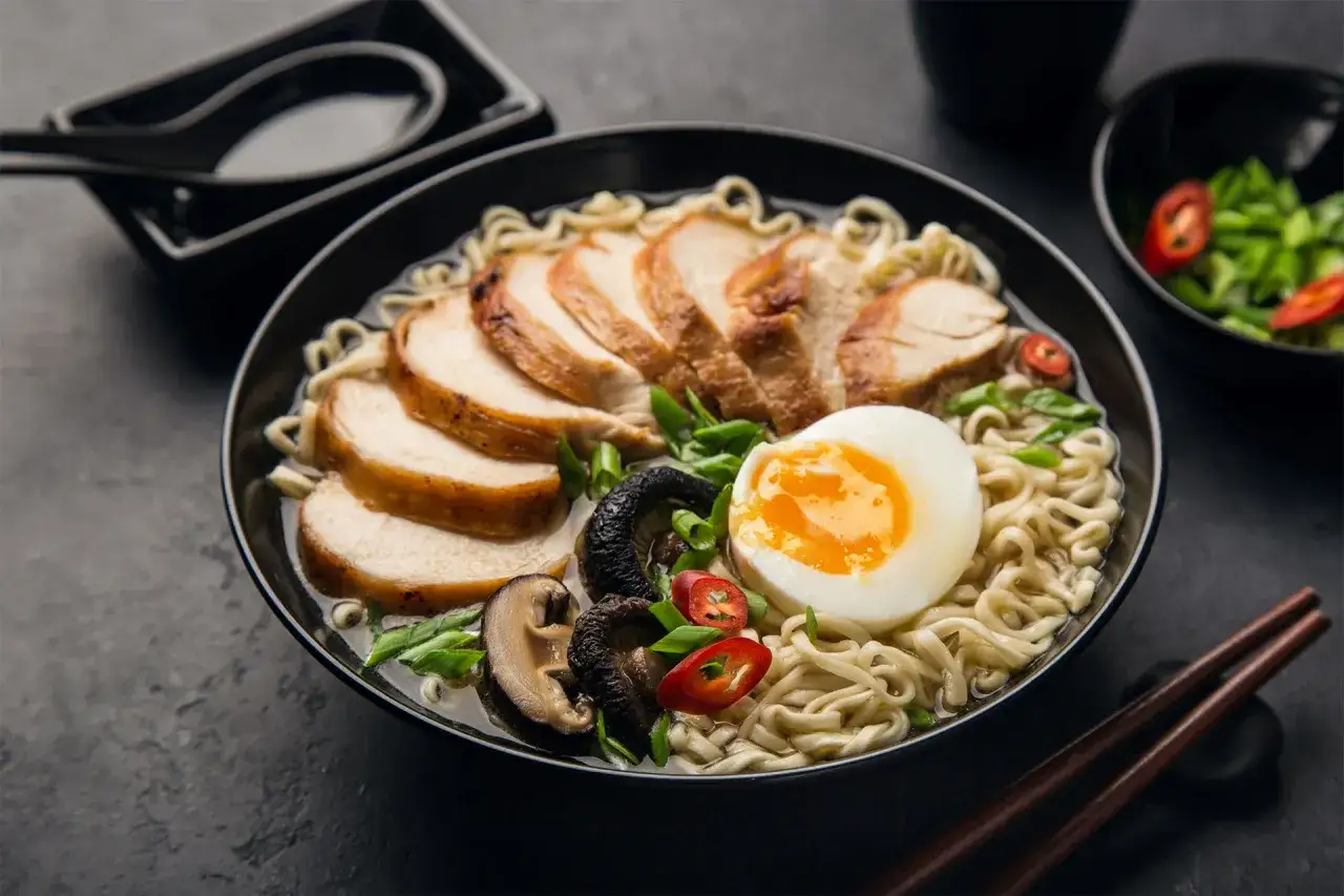 Miseczka aromatycznego ramenu z kurczakiem, jajkiem i grzybami. Idealny posiłek, gdy zastanawiasz się nad ramen kcal.