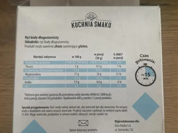 Ryż biały długoziarnisty - poznaj jego wartości odżywcze. Tabela zawiera informacje o kaloriach, tłuszczach, węglowodanach i białku w 100g i porcji.