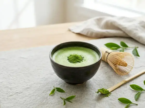 Aksamitna, zielona matcha w ceramicznej miseczce, obok bambusowa miotełka i łyżeczka. Poczuj, jak smakuje matcha.