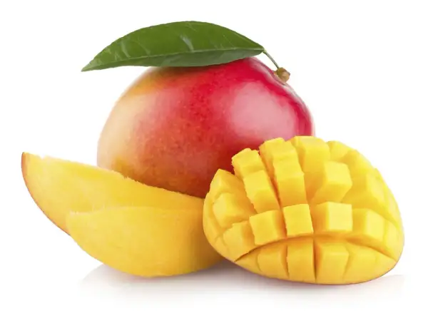 Soczyste, pokrojone w kostkę i w plastrach mango, z całą owocem i liściem. To, co zawiera mango, to witaminy i słodycz.