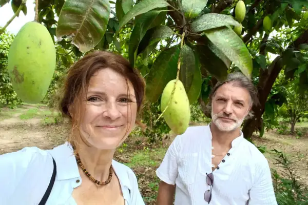 Para z uśmiechem pozuje na tle drzew, gdzie rośnie mango. Widać duże, zielone owoce.