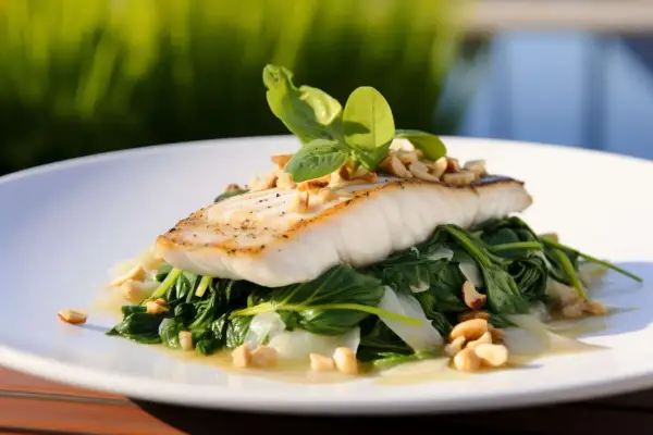 Filet ryby, czy to halibut czy sandacz, podany na szpinaku z orzechami i bazylią.