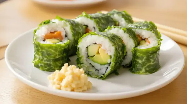 Sushi rolki z łososiem i awokado zawinięte w liście nori. Nori właściwości odżywcze czynią je zdrowym dodatkiem do diety.