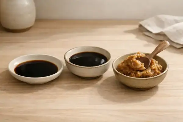 Trzy miseczki z sosami: ciemny sos sojowy, sos shoyu i pasta miso z drewnianą łyżeczką.
